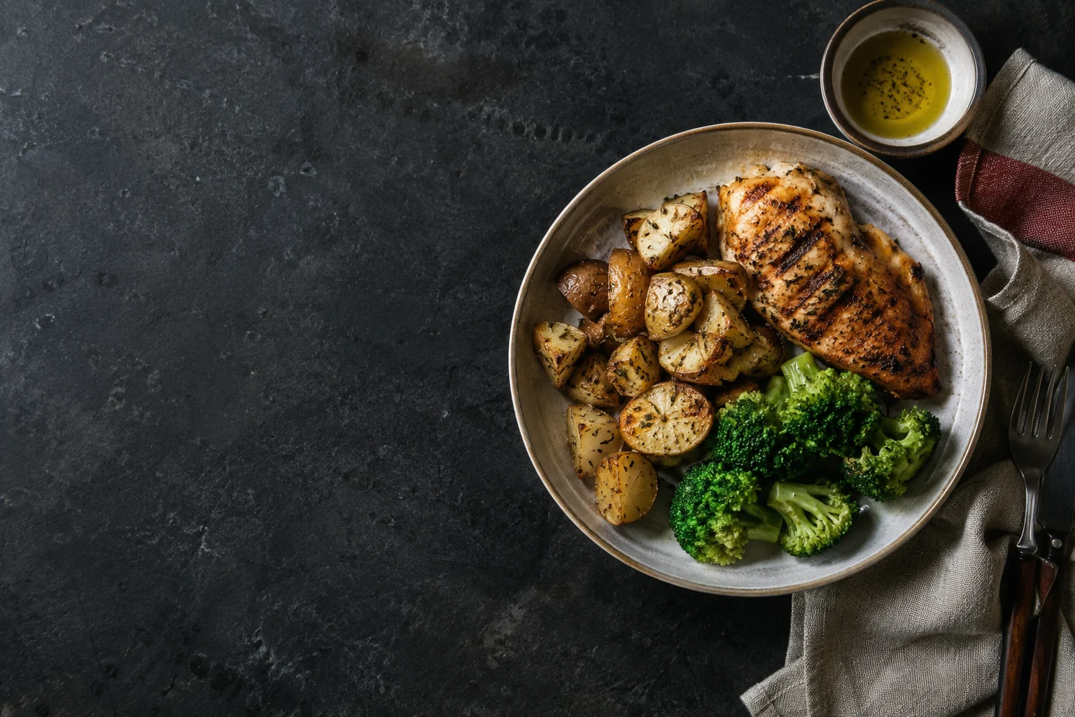Grilled chicken, potatoes, and broccoli on a dinner plate